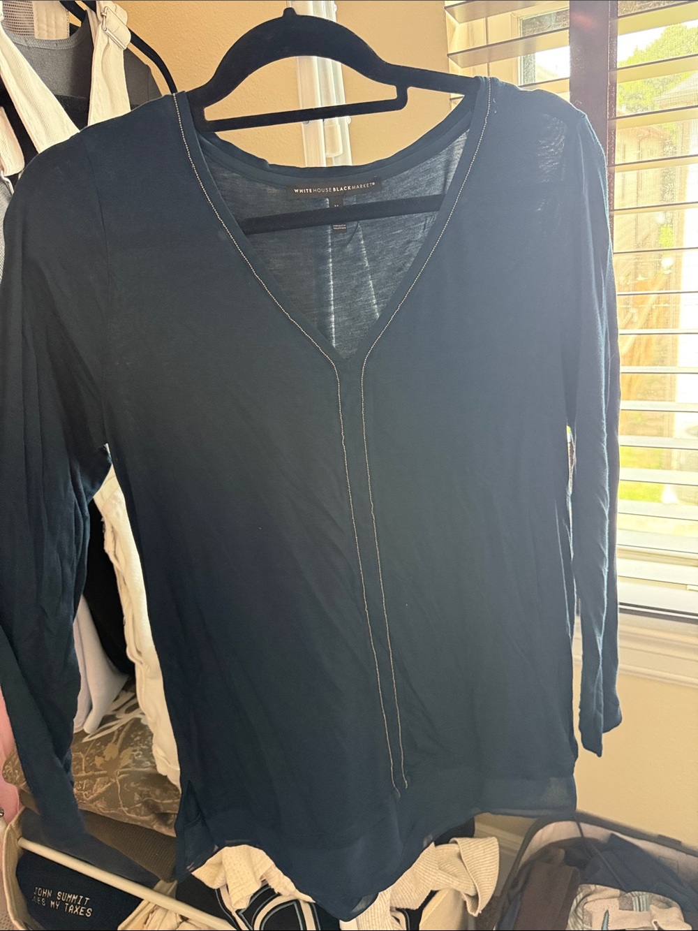 White House Black Market Navy V-Neck Long Sleeve Top with Beaded Contrast Stitch